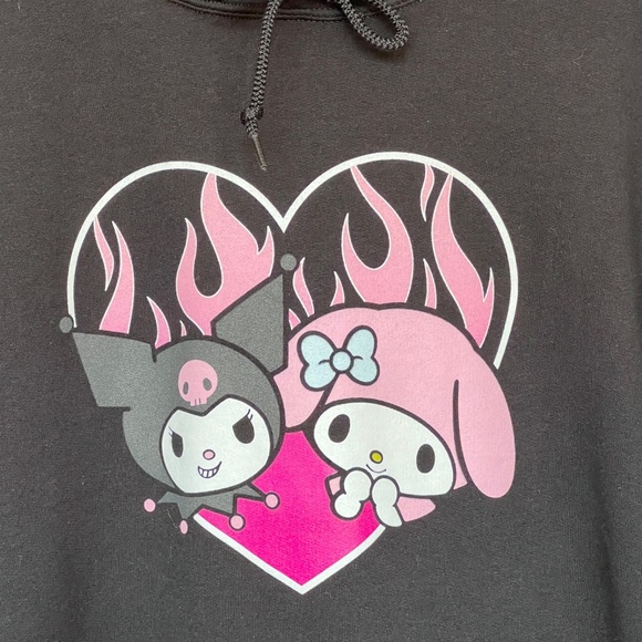Sanrio Hoodie Size L Kuromi My Melody Pullover Sweatshirt Black Pink Heart - Picture 2 of 5